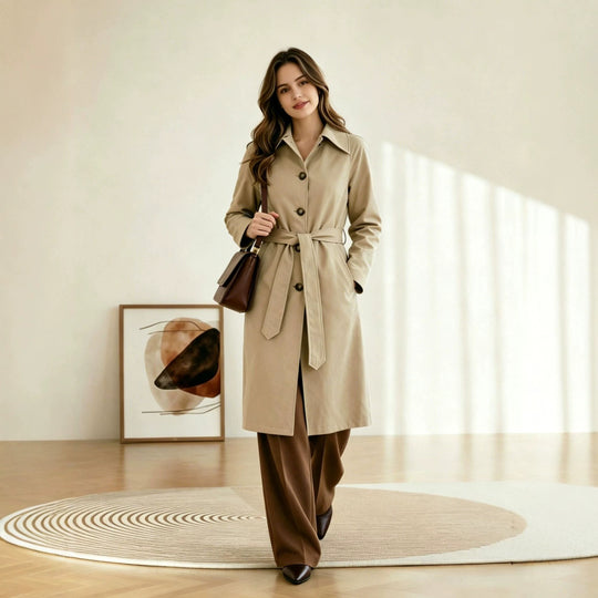 Damen Trenchcoat mit Bindegürtel, tailliertem Schnitt und Hemdkragen Nord Taschen