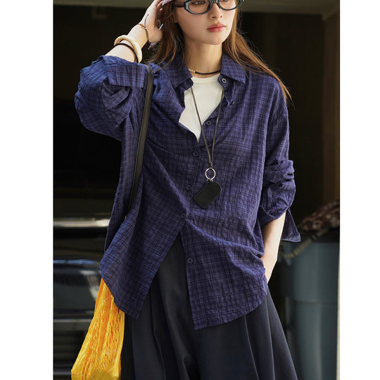 Damen Oversized Karo-Hemd aus Crinkle-Baumwolle mit verlängertem Rückensaum Nord Taschen