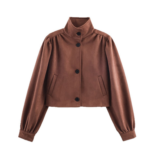 Damen Kurz geschnittene Wildlederoptik-Jacke mit Stehkragen, Ballonärmeln und Leistentaschen Nord Taschen