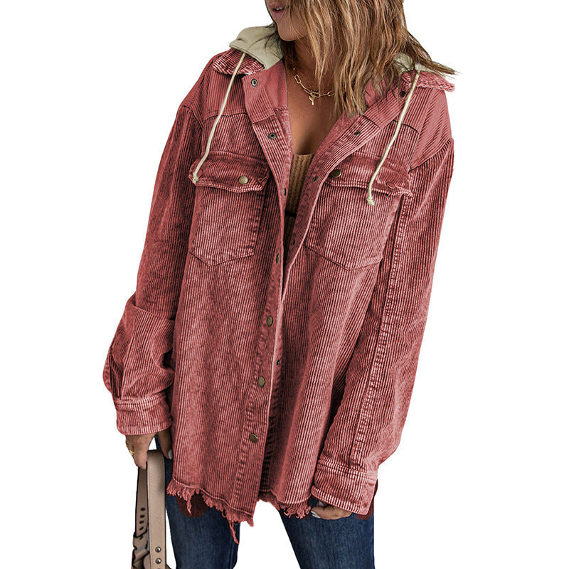 Nord Taschen | Jacke mit Kapuze Oversized Fit Cord-Textur Knopfverschluss Fransenrand