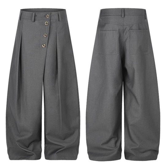 Damen Weite Palazzo-Hose mit hoher Taille, Bundfalten und asymmetrischer Knopfleiste Nord Taschen
