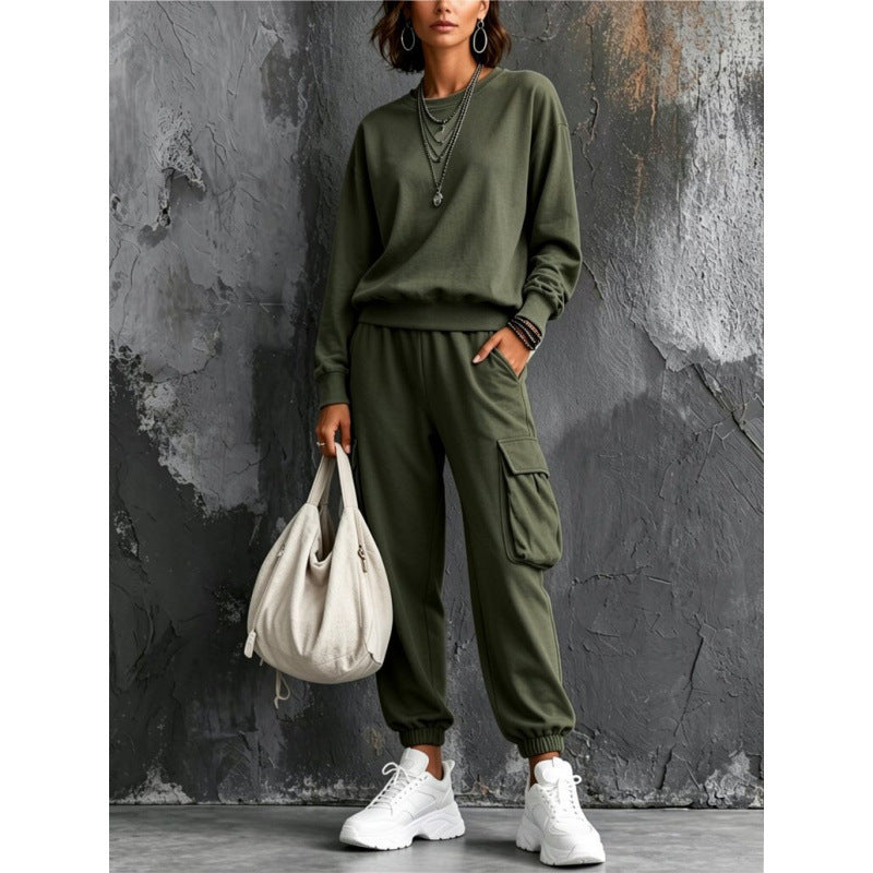 Damen Lässiges Cargo-Jogginganzug-Set mit Oversize-Sweatshirt und Cargohose Nord Taschen