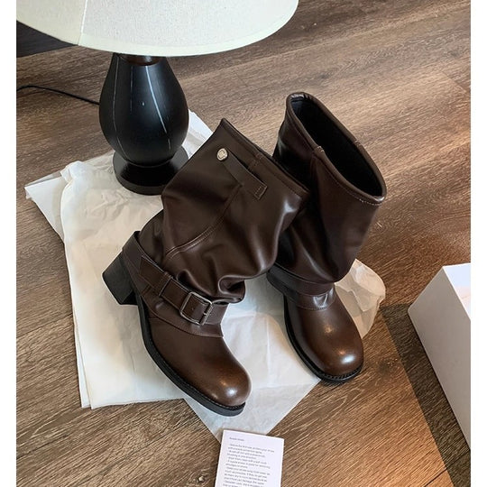 Damen Mid-Calf Bikerstiefel aus Glattleder mit verstellbarem Schnallenriemen Nord Taschen