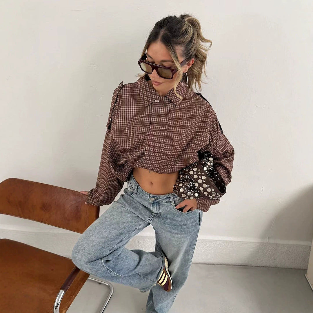Damen Oversize karierte Bluse mit Fledermausärmeln und verdeckter Knopfleiste Nord Taschen