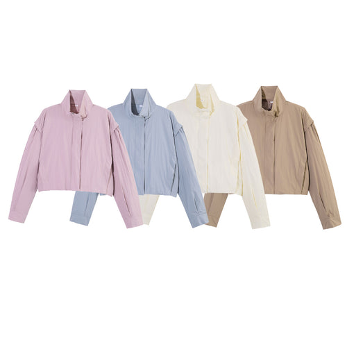 Damen Kurze Cropped-Übergangsjacke mit Stehkragen, geraffter Schulterpasse und Ballonärmeln Nord Taschen