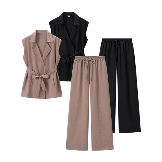 Damen Zweiteiliges Leichtes Lounge-Set mit Ärmelloser Weste und weiter Palazzohose Nord Taschen