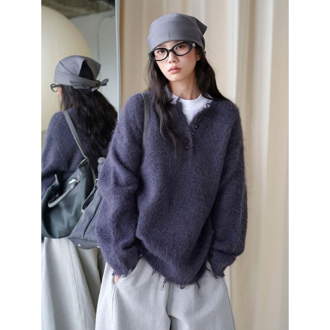 Damen Oversized Mohair-Mix V-Ausschnitt Cardigan mit Fransenabschluss Nord Taschen