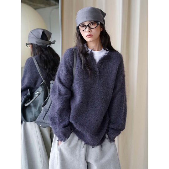 Damen Oversized Mohair-Mix V-Ausschnitt Cardigan mit Fransenabschluss Nord Taschen