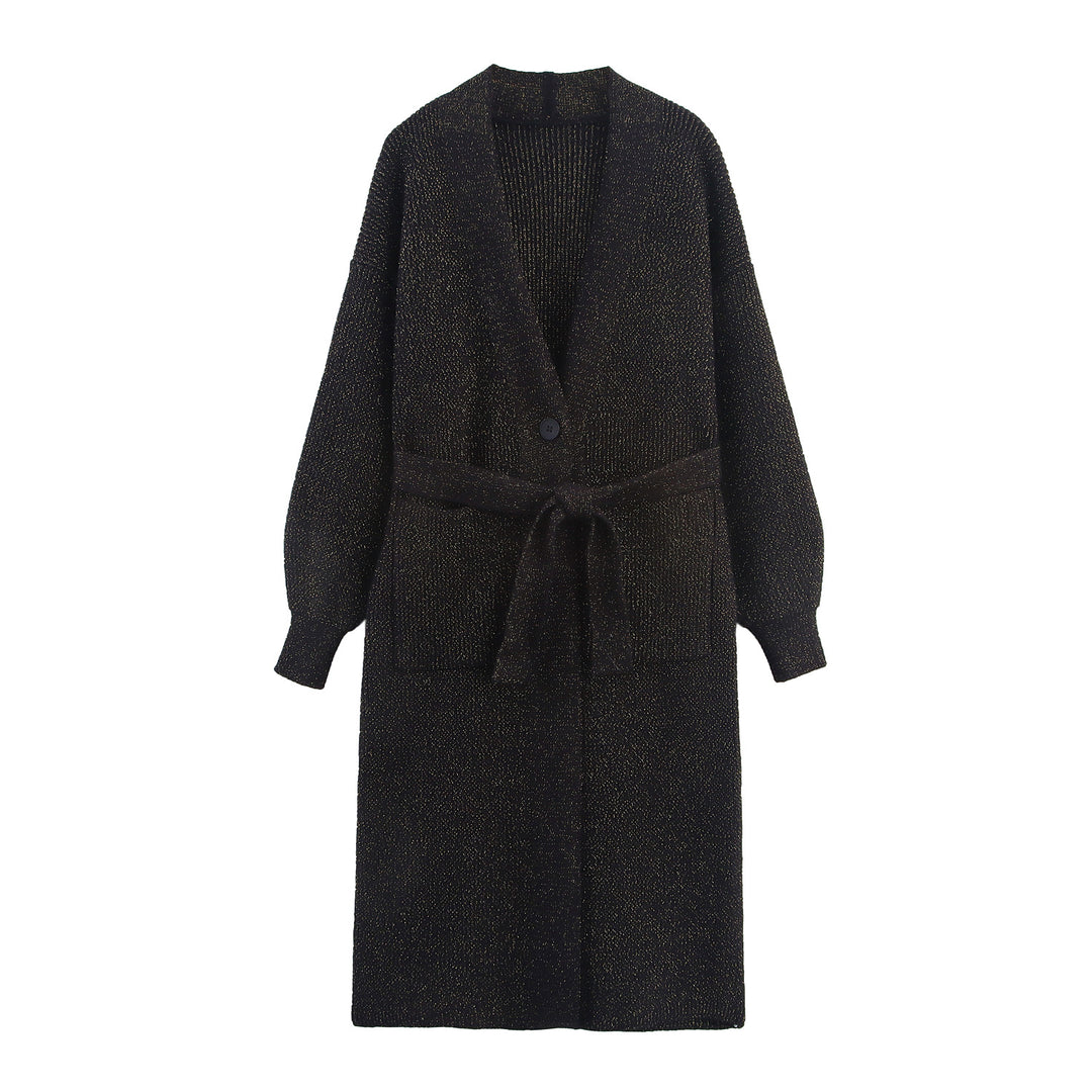 Damen Lange Strickjacke mit Bindegürtel, aufgesetzten Taschen und tiefem V-Ausschnitt Nord Taschen