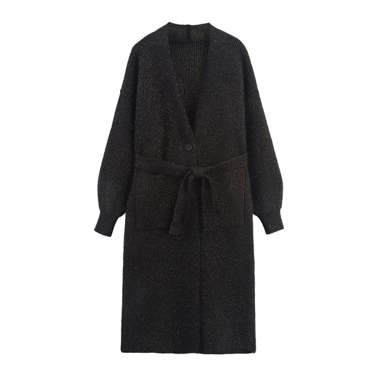 Damen Lange Strickjacke mit Bindegürtel, aufgesetzten Taschen und tiefem V-Ausschnitt Nord Taschen