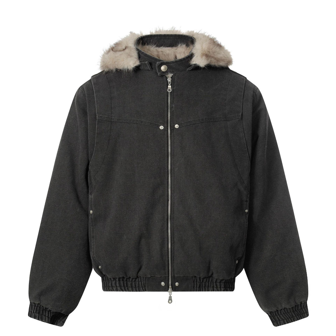 Herren Canvas-Bomberjacke mit abnehmbarer Kunstfellkapuze und elastischem Saum Nord Taschen