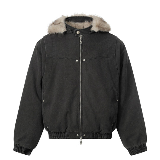 Herren Canvas-Bomberjacke mit abnehmbarer Kunstfellkapuze und elastischem Saum Nord Taschen