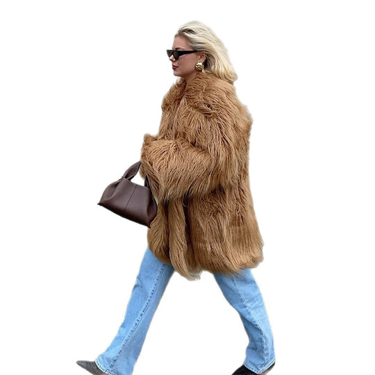 Damen Oversize Shaggy‑Kunstpelz‑Mantel mit langer Florstruktur und verdeckter Knopfleiste Nord Taschen