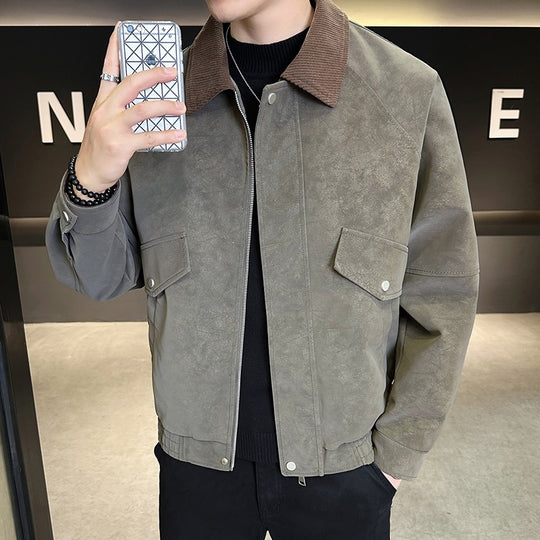 Herren Oversize Utility-Bomberjacke aus Kunstleder mit geripptem Saum und Hemdkragen Nord Taschen