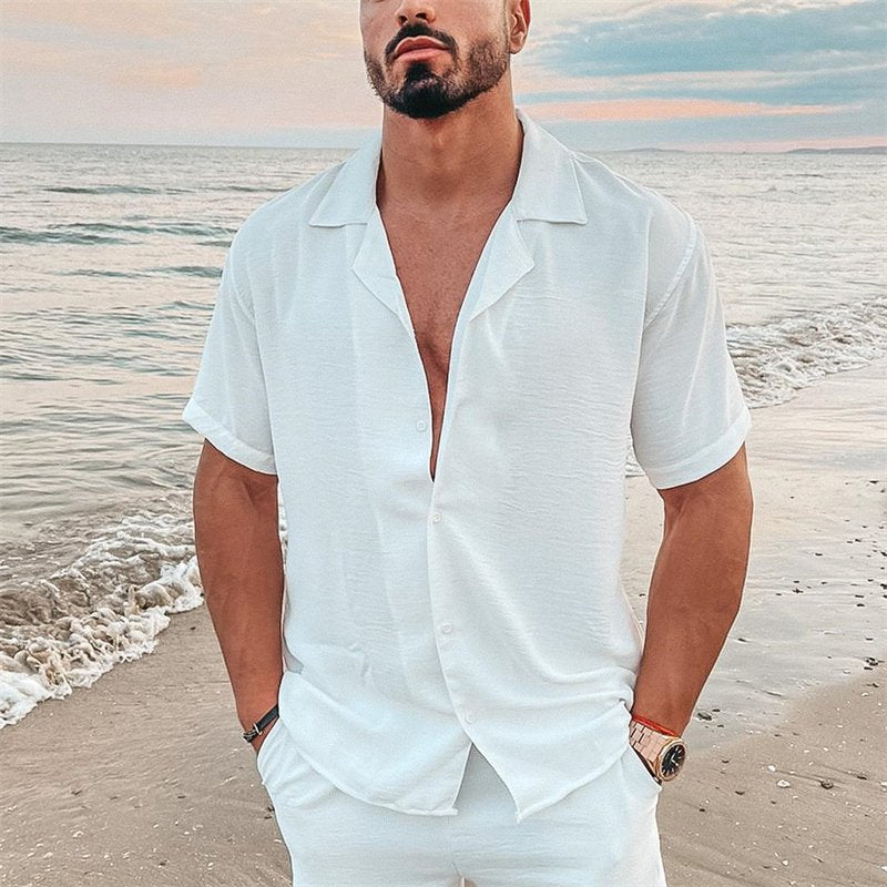 Herren nan luftiges Strandhemd aus Leinenmix mit Reverskragen und offener Knopfleiste Nord Taschen
