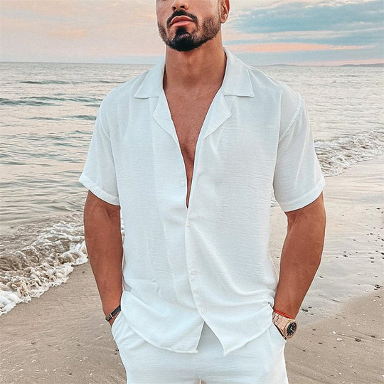 Herren nan luftiges Strandhemd aus Leinenmix mit Reverskragen und offener Knopfleiste Nord Taschen