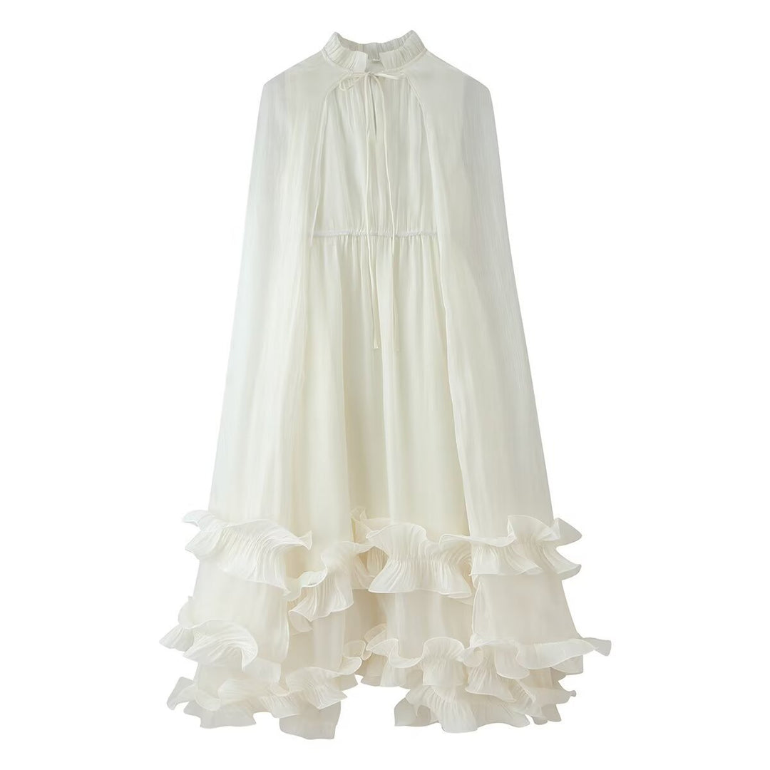 Damen Maxikleid mit Volant‑Cape, mehrlagigem Stufenrock und Stehkragen Nord Taschen