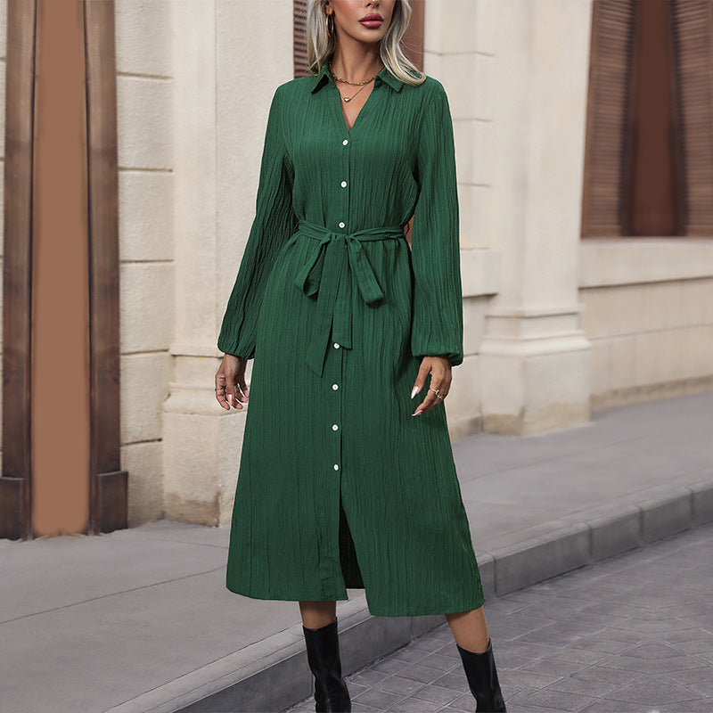 Damen Langarm Hemdblusenkleid mit Gürtel Nord Taschen