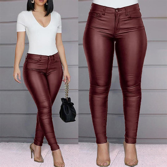 Damen figurbetonte High‑Waist Kunstlederhose im Skinny‑Cut mit Five‑Pocket Nord Taschen