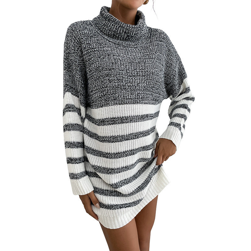 Damen Gestreiftes Rollkragen-Strickkleid mit taillierter Silhouette Nord Taschen