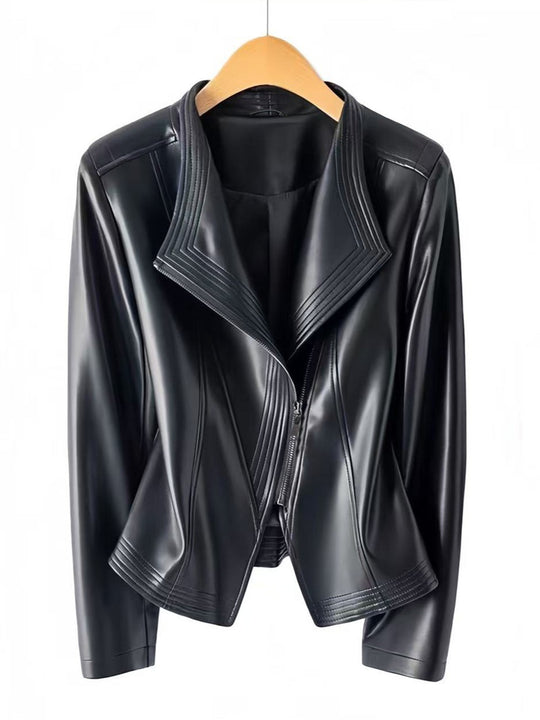 Damen Taillierte Kunstlederjacke mit asymmetrischem Reißverschluss und Ziersteppungen Nord Taschen