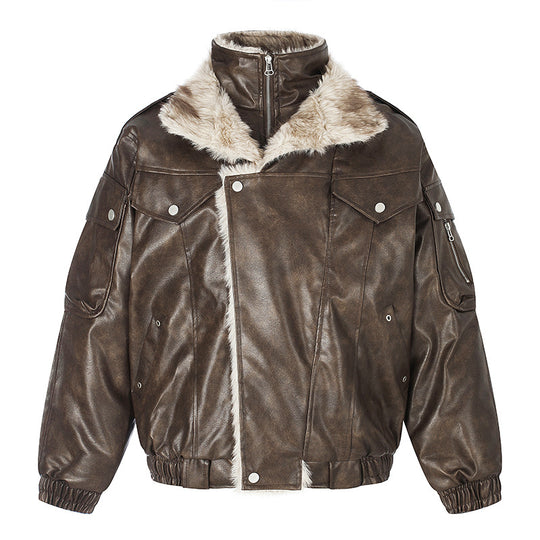 Damen Oversize Kunstleder-Fliegerjacke mit Teddyfutter und Stehkragen Nord Taschen