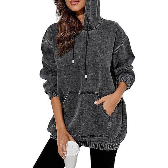 Damen Oversize Kapuzenpullover aus verwaschenem Jeansstoff mit Kängurutasche Nord Taschen