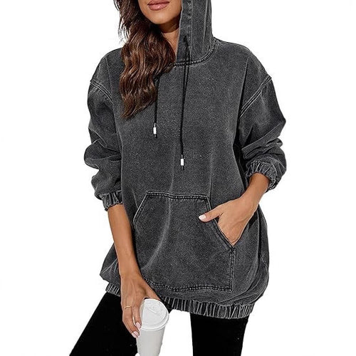 Damen Oversize Kapuzenpullover aus verwaschenem Jeansstoff mit Kängurutasche Nord Taschen