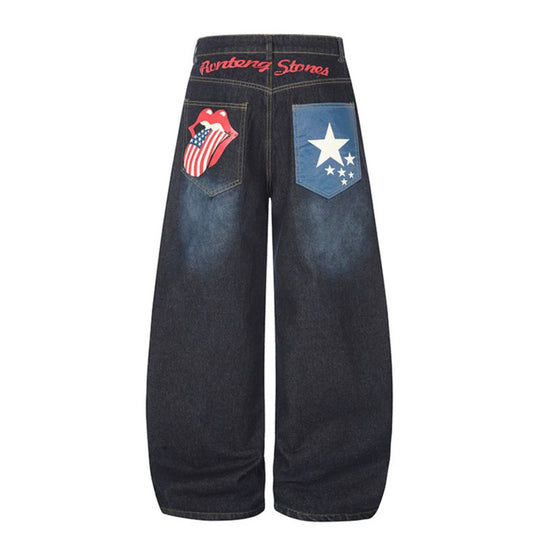 Damen High‑Waist Weite Palazzo-Jeans mit Statement-Patches und Retro-Embelishments Nord Taschen