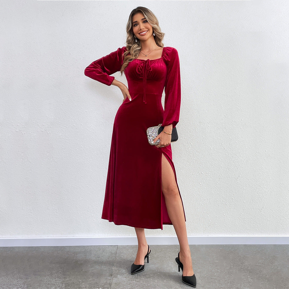 Damen elegantes Samt-Midikleid mit Binddetail am Bustier, taillierter Schnitt und seitlichem Oberschenkelschlitz Nord Taschen