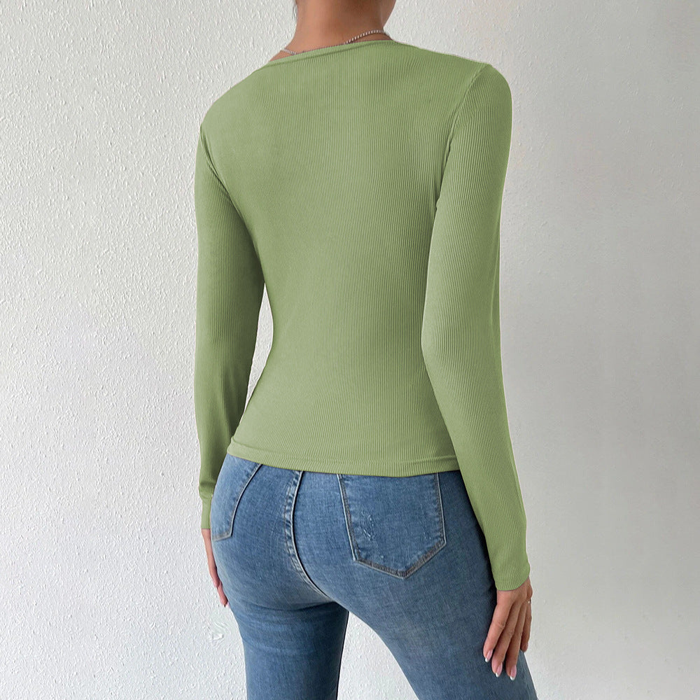 Damen geripptes Langarm-Top mit Keyhole-Detail, zierlichen Zierknöpfen und sculptender Stretch-Passform Nord Taschen