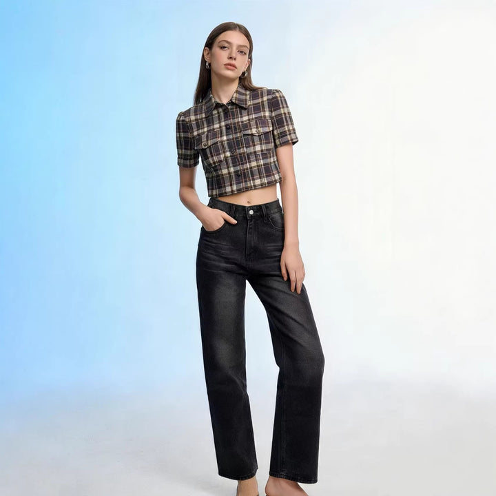 Damen hochgeschnittene Jeans mit schmaler Hüftpassform und weitem Schlag im Retro-Stil Nord Taschen