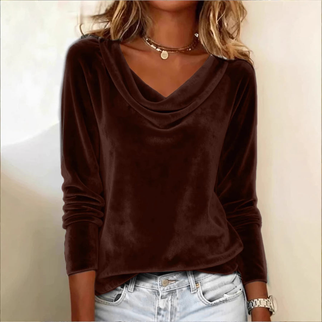 Damen Samt-Longsleeve mit Wasserfallkragen und legerem Schnitt Nord Taschen