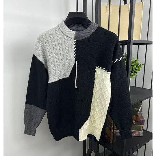Unisex Patchwork-Oversize-Strickpullover mit Zopf- und Rautenmuster, dekorativen Kontrastnähten und Rundhalsausschnitt Nord Taschen