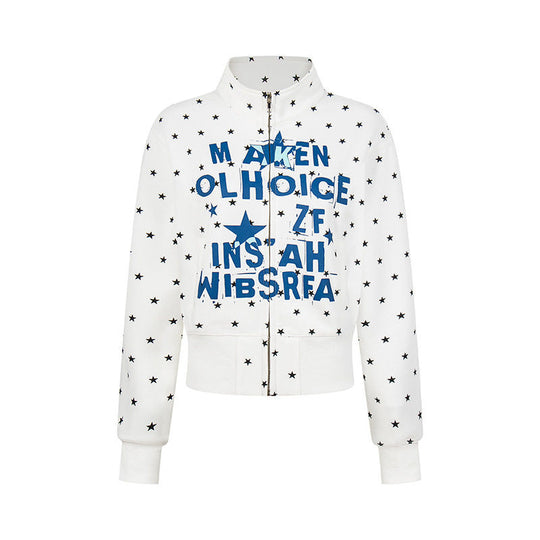 Damen Kurze Reißverschluss-Sweatjacke mit Stehkragen, Allover-Sternprint und Statement-Frontprint Nord Taschen
