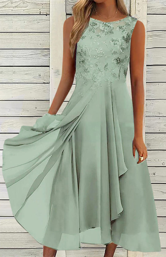 Damen nan ärmelloses Chiffon-Midikleid mit bestickter Brustpartie und asymmetrischem Lagenrock - Arvani