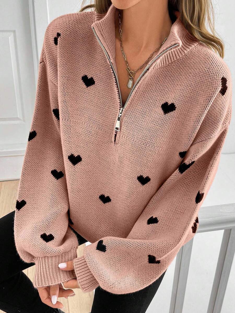 Damen Oversize Strickpullover mit Half-Zip und Herzmotiv Nord Taschen