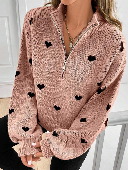 Damen Oversize Strickpullover mit Half-Zip und Herzmotiv Nord Taschen