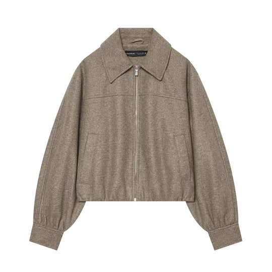 Damen Kurzjacke aus Wollmischung mit Reißverschluss und Ballonärmeln Nord Taschen