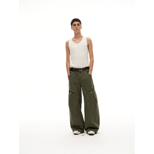 Damen Weite High‑Waist Cargo‑Hose im Vintage‑Workwear‑Look mit Aufgesetzten Taschen und Fransen-Details Nord Taschen