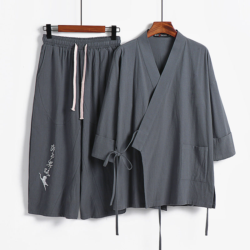 Unisex Leichtes Kimono-Loungewear-Set aus Baumwoll-Leinen mit bestickter Haremshose und Bindegürtel Nord Taschen
