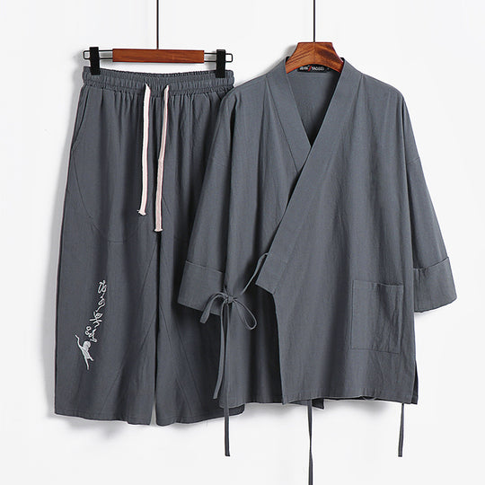 Unisex Leichtes Kimono-Loungewear-Set aus Baumwoll-Leinen mit bestickter Haremshose und Bindegürtel Nord Taschen