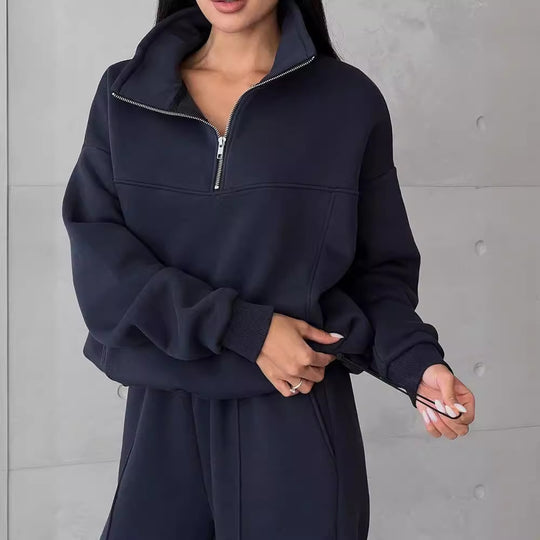 Damen Weiches Oversized Lounge-Set mit Troyer-Kragen, Eingrifftaschen und schmeichelhafter High-Waist Hose Nord Taschen