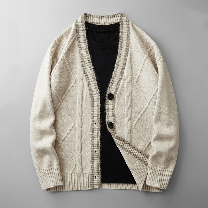 Herren Strickcardigan mit Zopfmuster, V-Ausschnitt und Kontrastkante Nord Taschen
