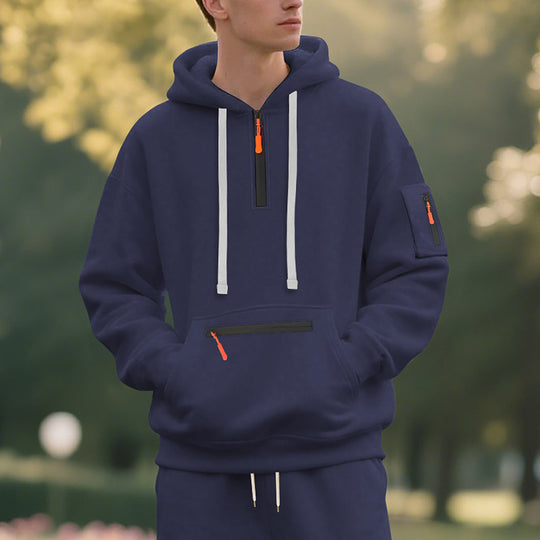 Herren Oversize-Kapuzenpullover mit halbem Reißverschluss, Kängurutasche mit Reißverschluss und Ärmel-Pocket Nord Taschen