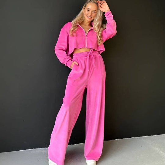 Damen gekürztes Velours-Cropped-Hoodie mit Stehkragen und elastischer High-Waist-Palazzo-Jogginghose Nord Taschen