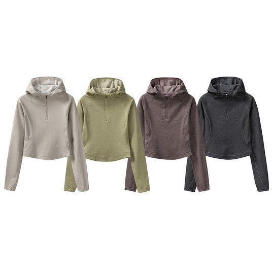 Damen Gekürzter Technical-Hoodie mit Halbzip, Kapuze und Daumenlöchern Nord Taschen