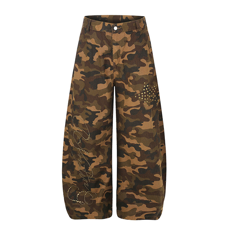 Damen Weite Camouflage-Palazzo-Hose mit Balloon-Saum und Nietenbesatz Nord Taschen