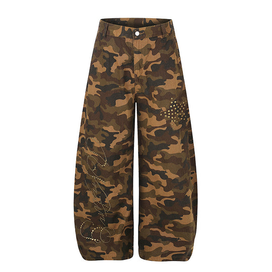 Damen Weite Camouflage-Palazzo-Hose mit Balloon-Saum und Nietenbesatz Nord Taschen