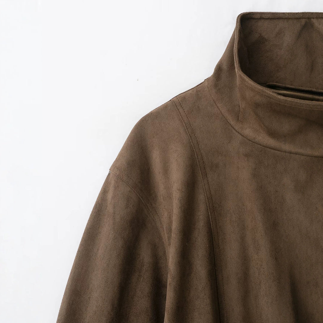 Damen Kurzjacke in Wildlederoptik mit hohem Funnelkragen und Bindegürtel Nord Taschen
